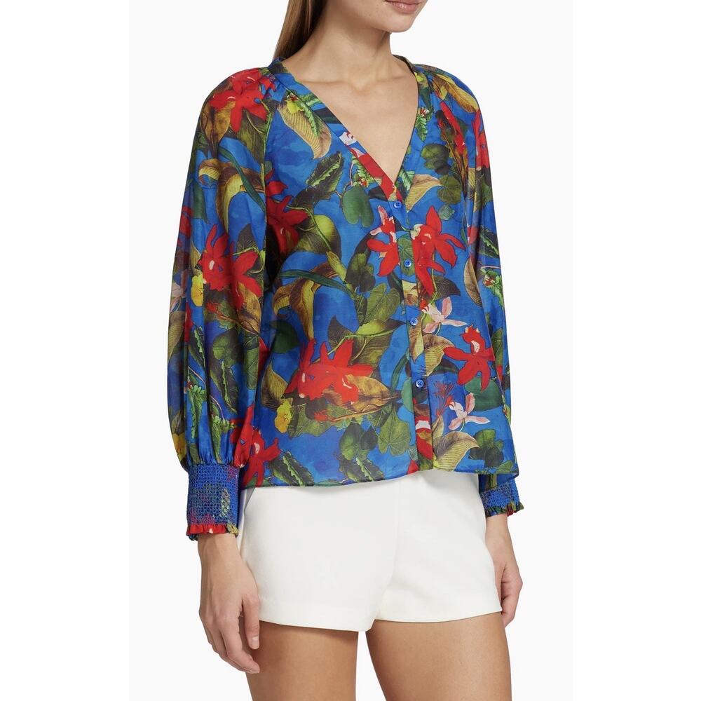 ALICE + OLIVIA Ladies Blue tropical Floral Smocked silk blend Blouse medium - Picture 2 of 13